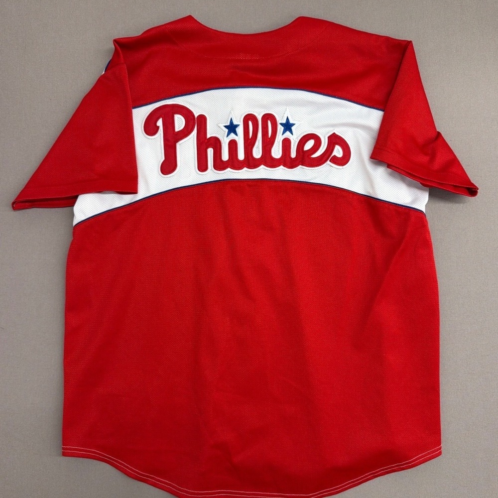 Majestic Philadelphia Phillies MLB Jersey Mens Red White Mesh Button Up XL
